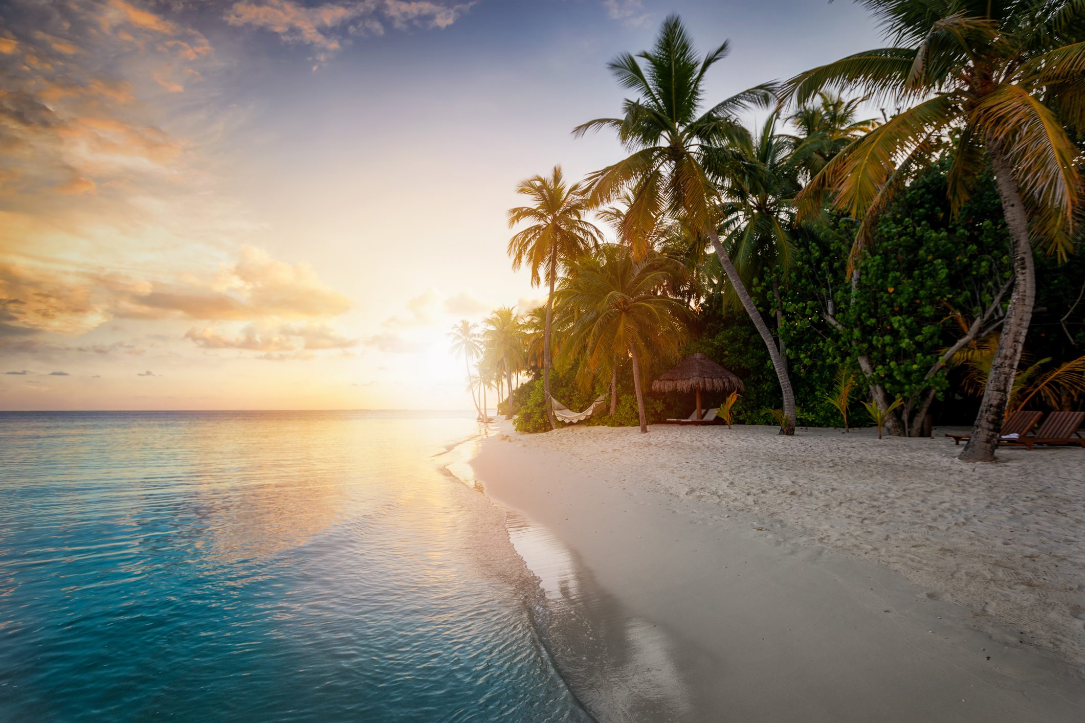 Sunset behind a tropical beach with coconut palm trees, sandy beach and emerald ocean