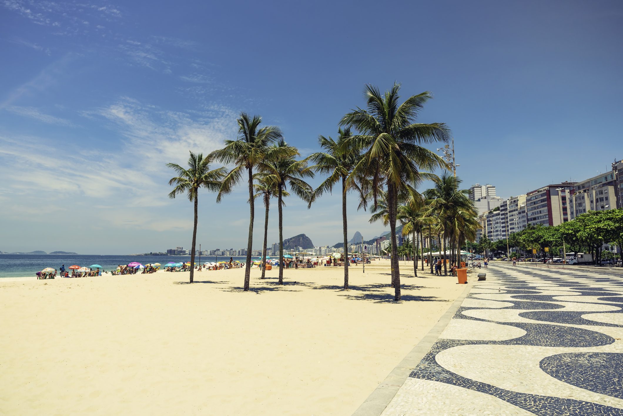 Palms on Copacabana Beach next to landmark mosaic in Rio de Janeiro